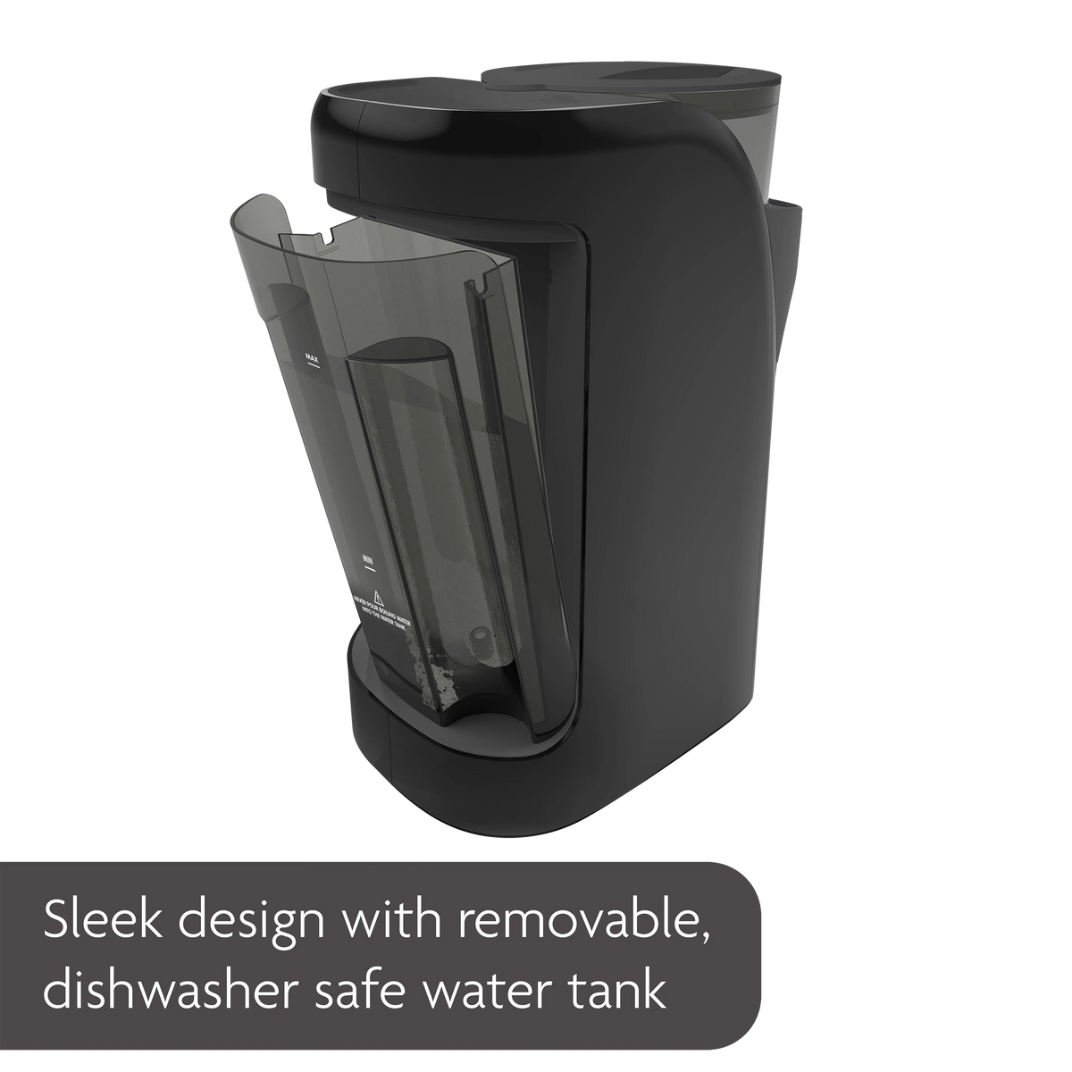 Black formula dispenser angled view with clear water tank and front chamber