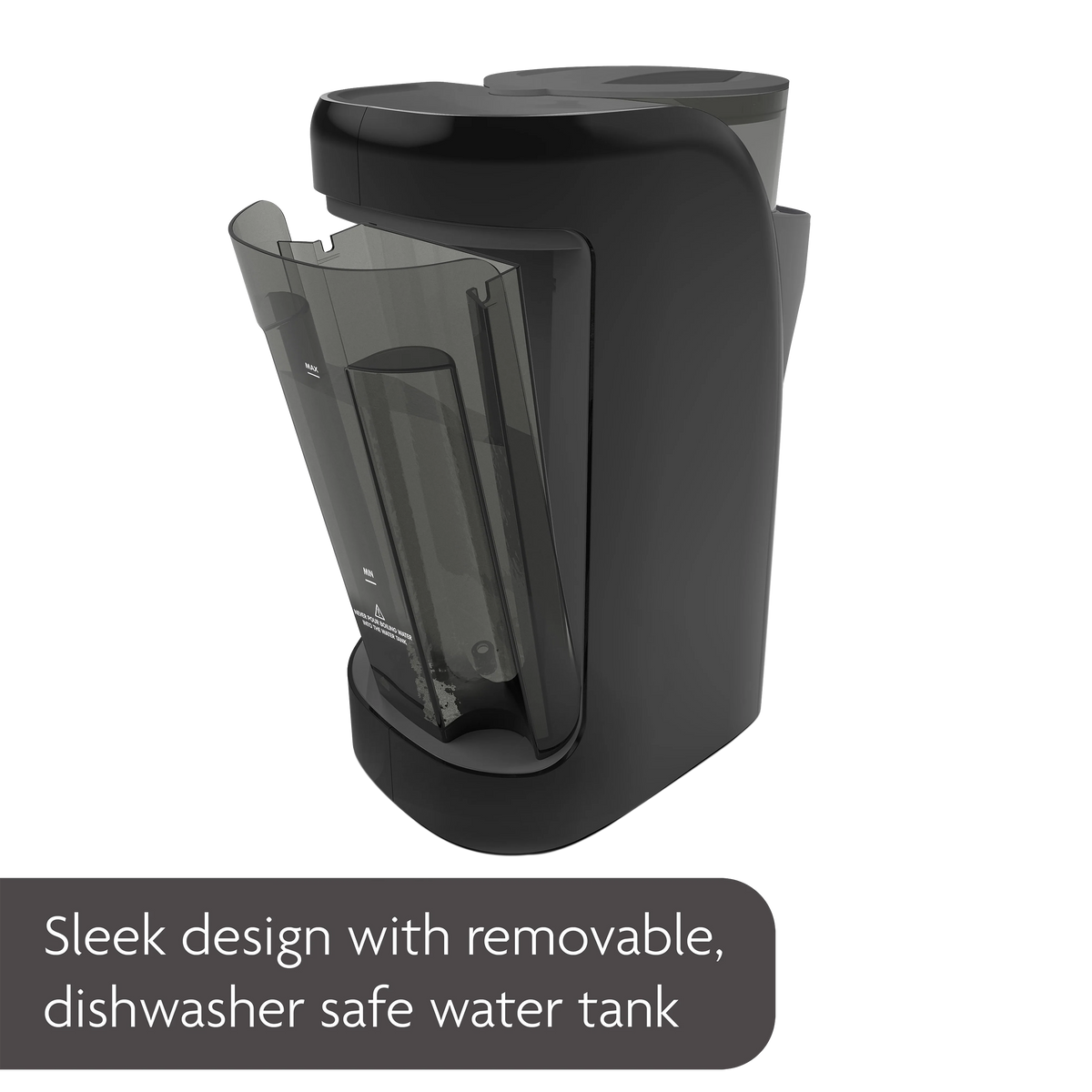 Black countertop formula dispenser with clear front reservoir and top lid
