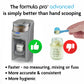 Gray formula dispenser with open chamber next to a bottle being filled by spoon