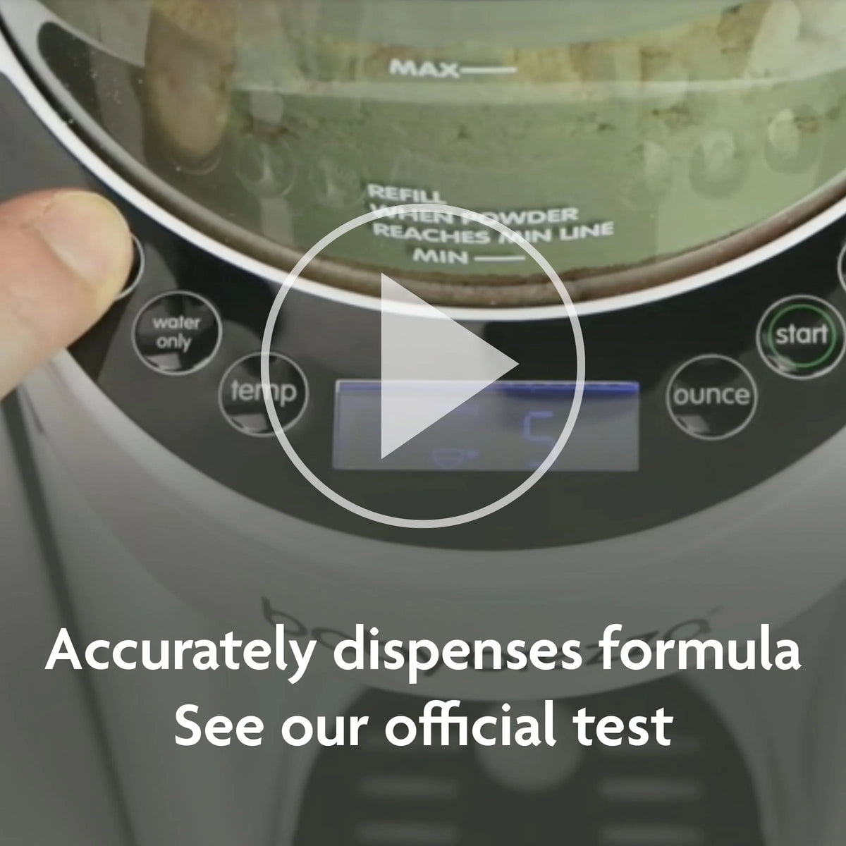 Close-up of formula dispenser control panel with water-only and start icons