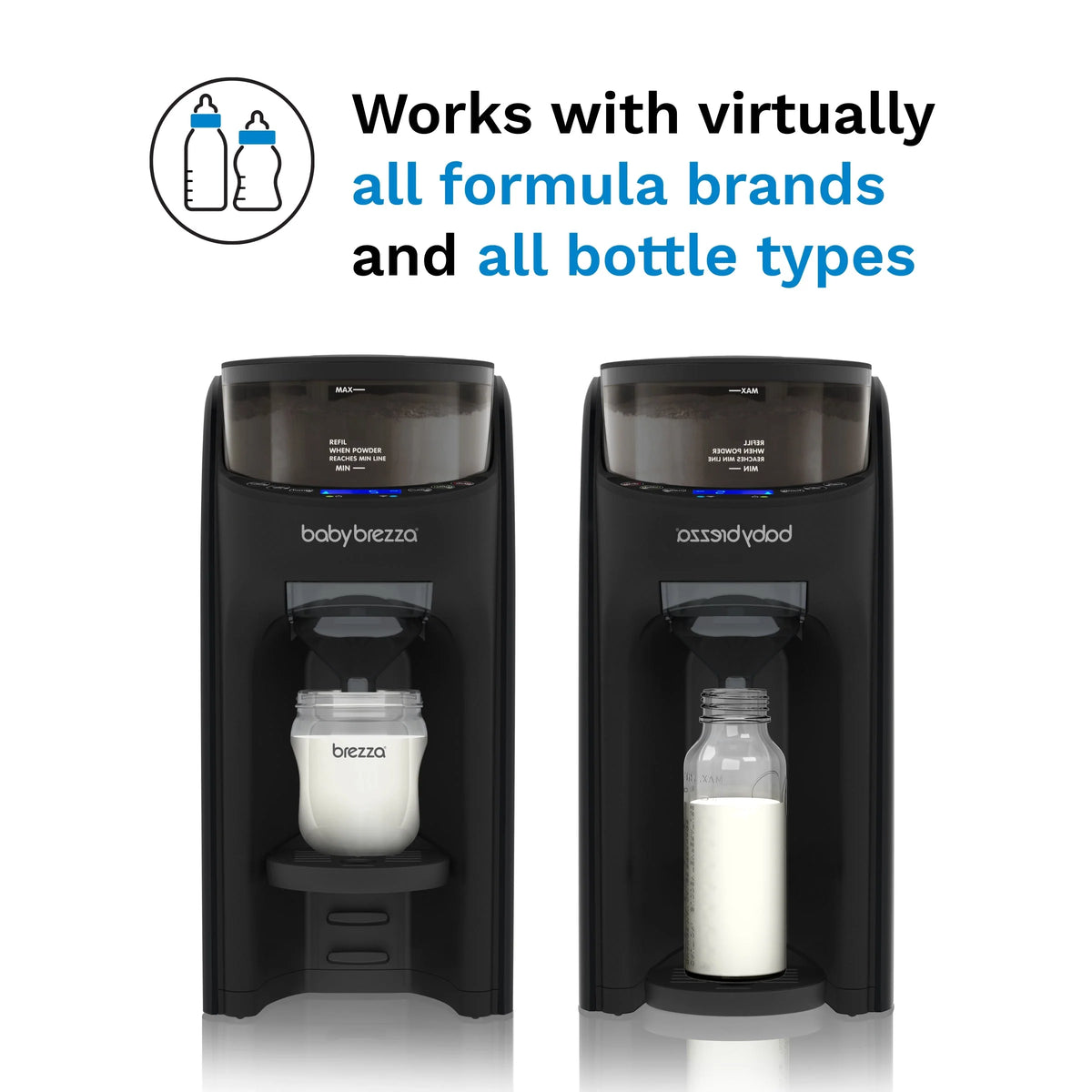 Two black babybrezza formula dispensers shown side by side with bottles