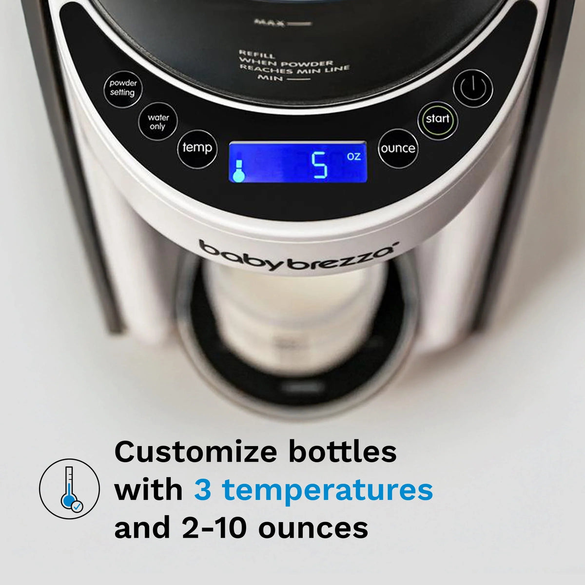 Formula dispenser control panel close-up with oz display and start button