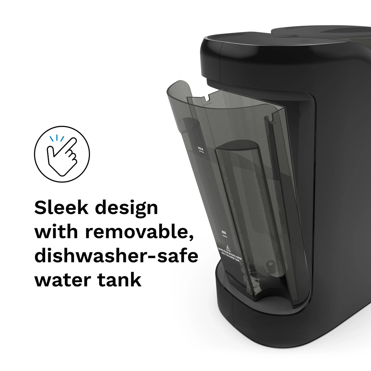 Black babybrezza dispenser with removable, dishwasher-safe water tank