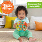 Baby holding a colorful plastic rattle ball with multicolor rings and clear core