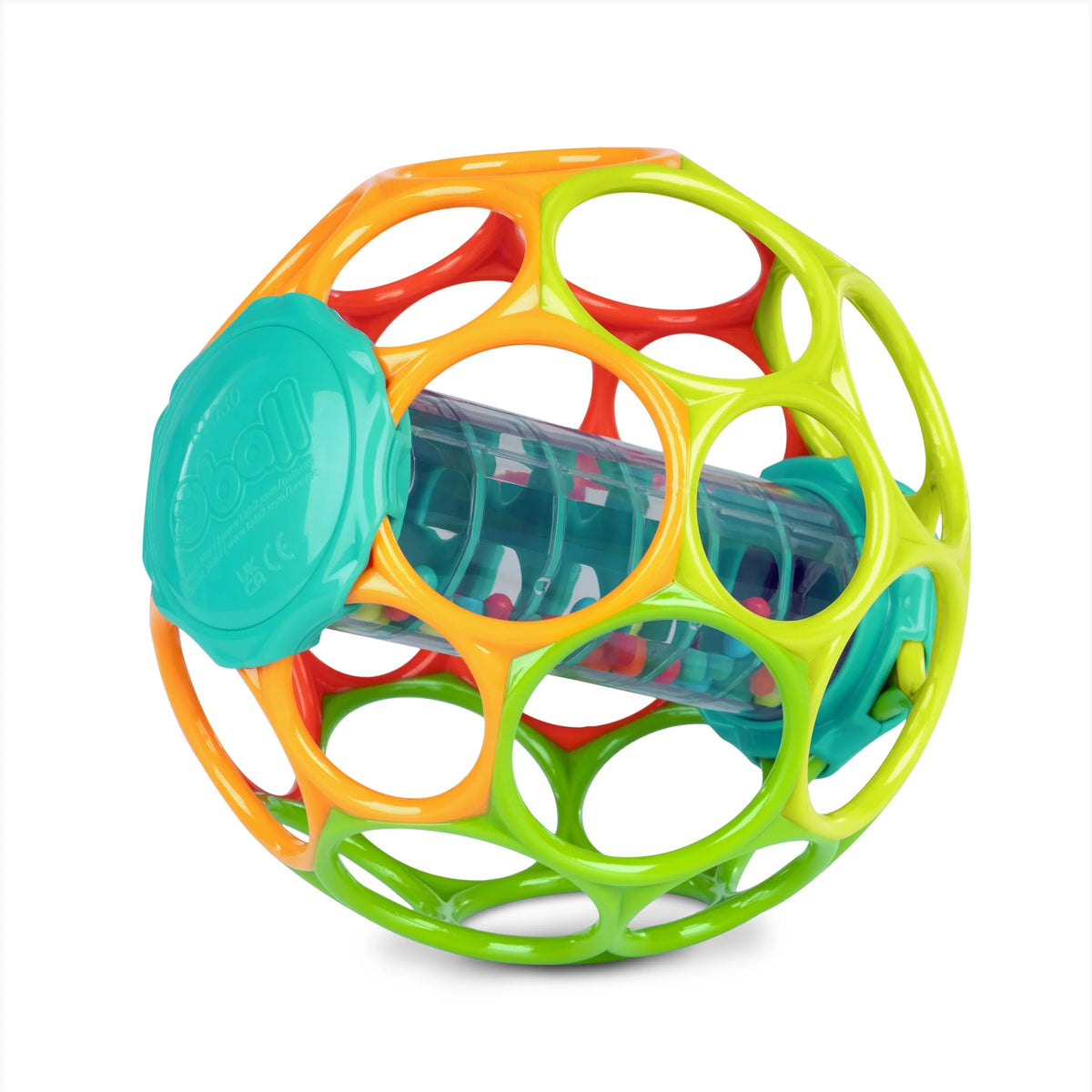 Colorful plastic rattle ball with clear drum center and circular openings