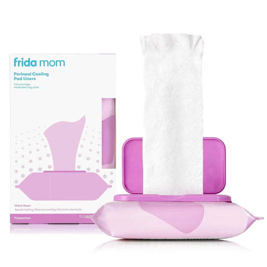 Perineal cooling pad liner set with white pads, pink and purple packaging
