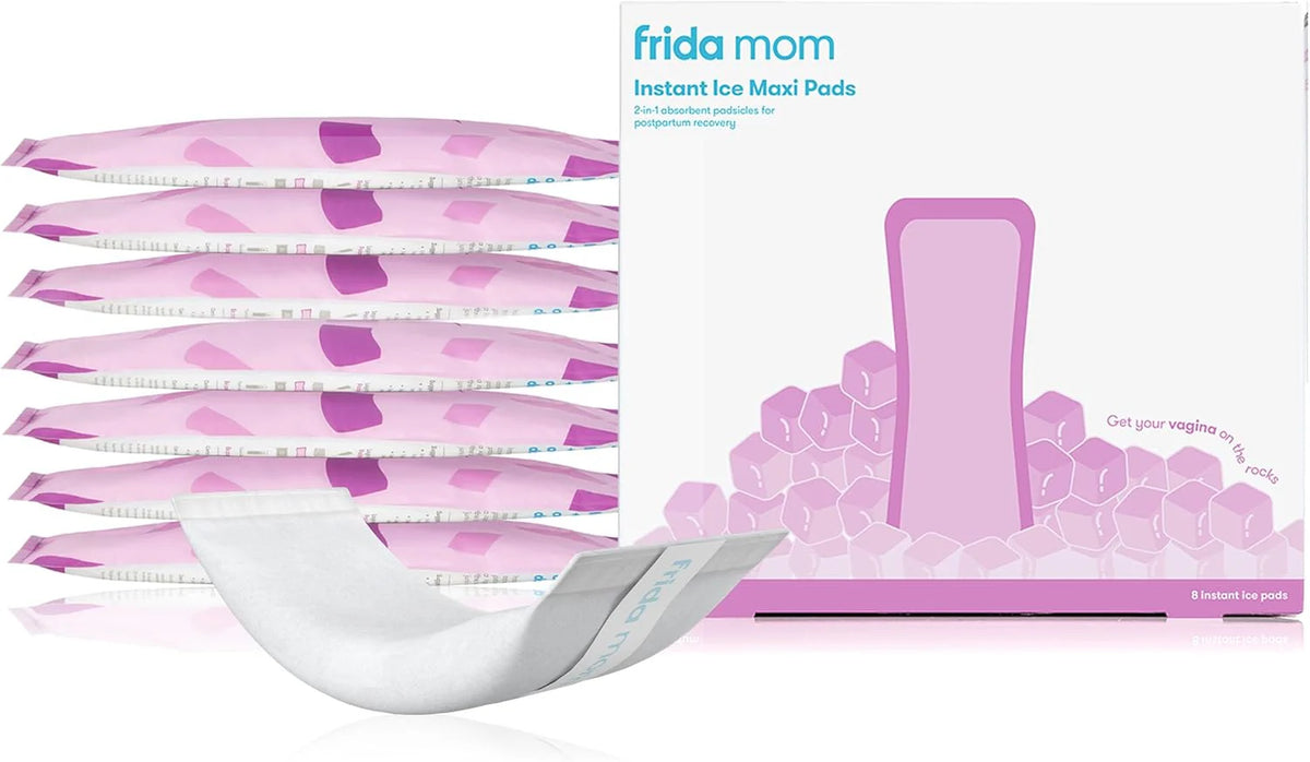 Postpartum ice maxi pads, white with purple printed patterns, 2-in-1 packaging