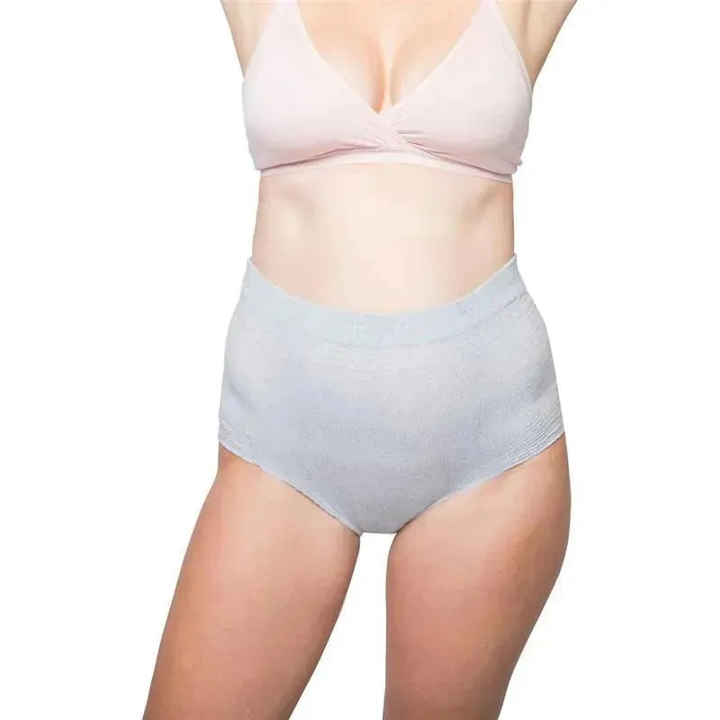 Light blue disposable high-waist briefs on model