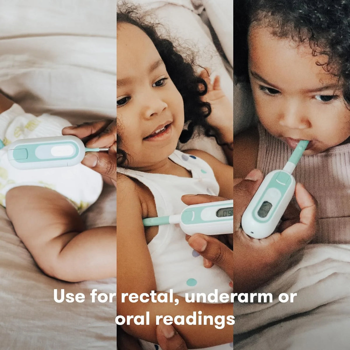 Mint digital thermometer being used on a child, with LCD temperature screen