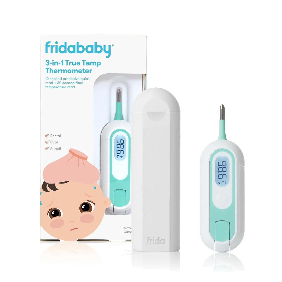 fridababy 3-in-1 digital thermometer, mint tip, LCD screen display for kids