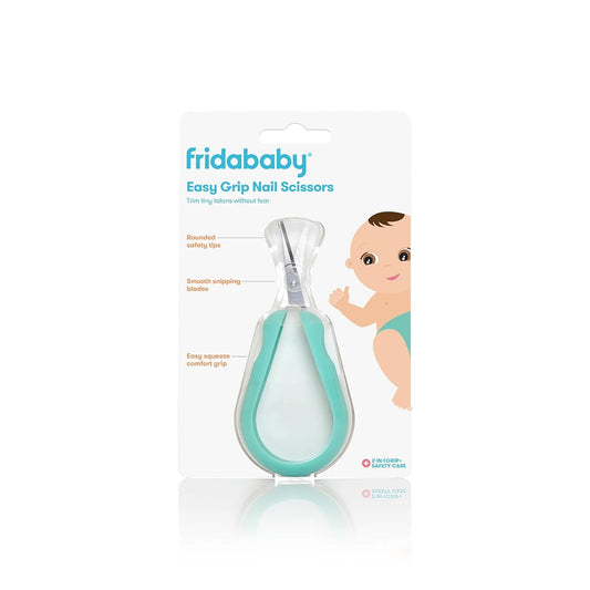 fridababy Easy Grip nail scissors in clear packaging with turquoise loop handle