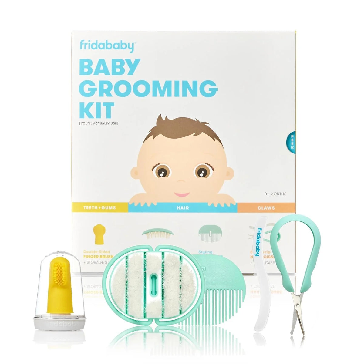 Baby grooming kit gift set with brush, comb, nail scissors, and finger toothbrush tools