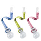 Soother clips set with blue, green, and pink fabric straps and white plastic clips