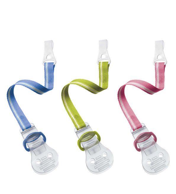 Soother clips set with blue, green, and pink fabric straps and white plastic clips