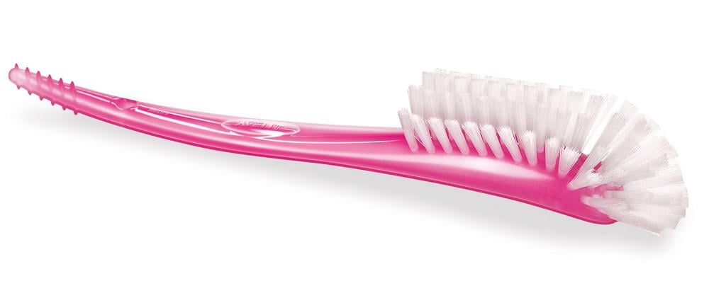 Pink toothbrush with white bristle head and curved handle
