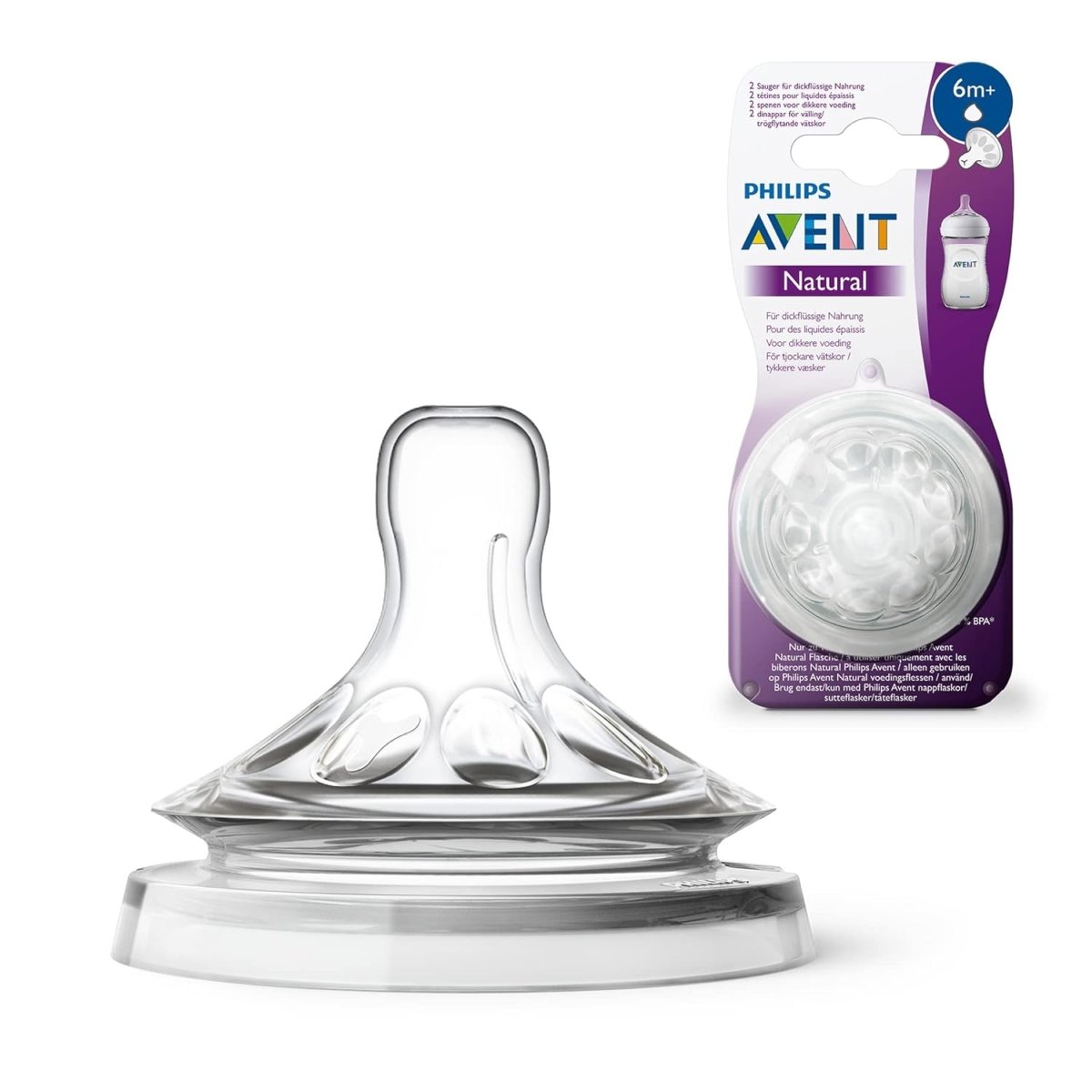 Baby feeding bottle with clear natural-flow nipple, ring base, and boxed 6m+ pack