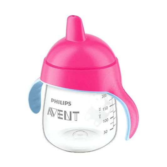 Pink Avent spout cup with clear body, spout lid, and measurement markings