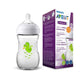 Dragon Natural baby bottle with green dragon graphic, clear body, white cap, 1m+