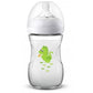 Dragon Natural baby bottle front view, green dragon print on clear plastic, white cap