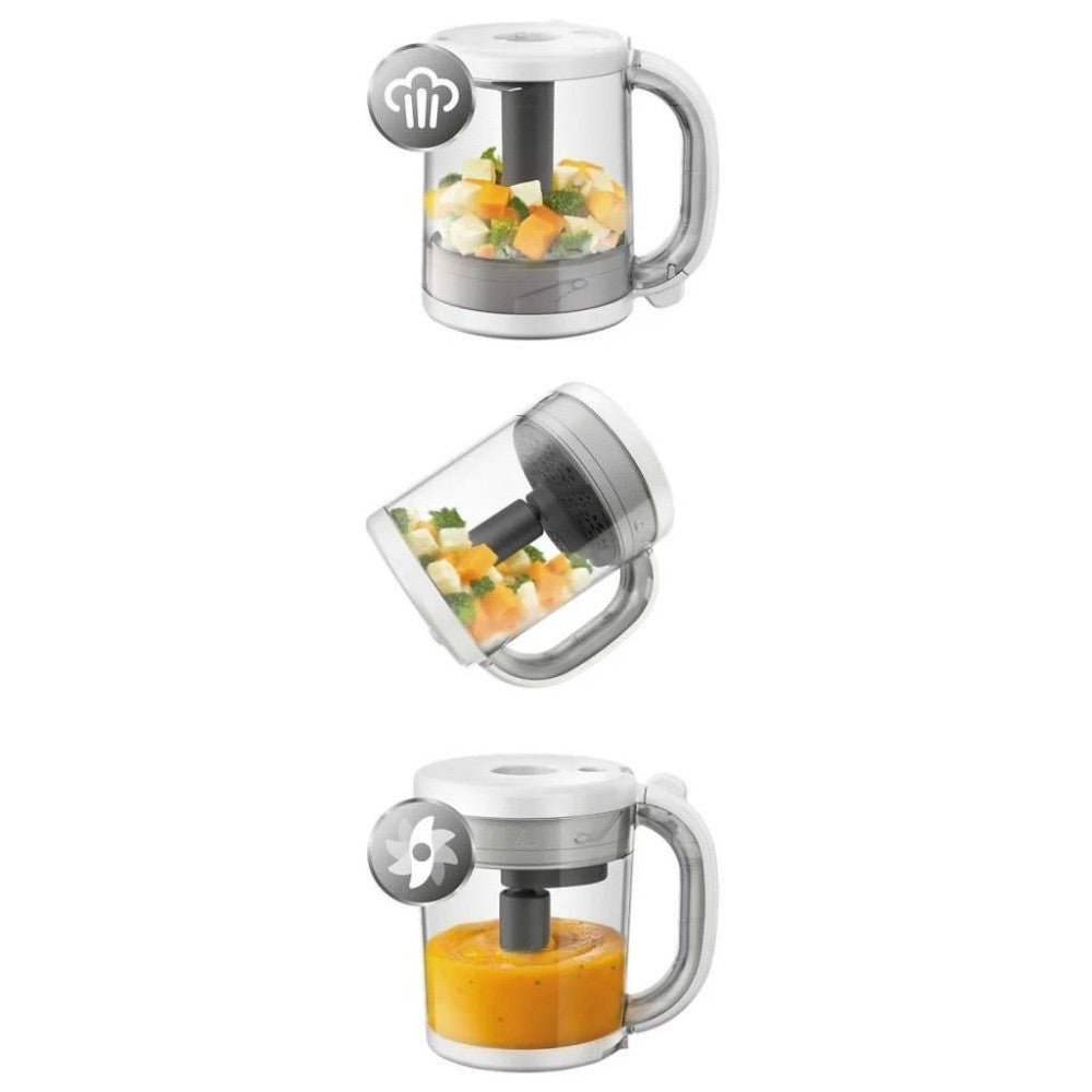 Healthy baby food maker with blender cup, lid, and handle; fruit ingredients shown, Philips Avent