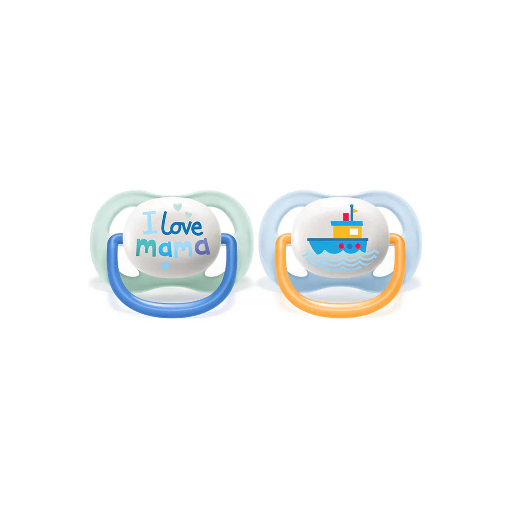 Pair of baby pacifiers with 'I Love Mama' and boat graphic; blue and orange.