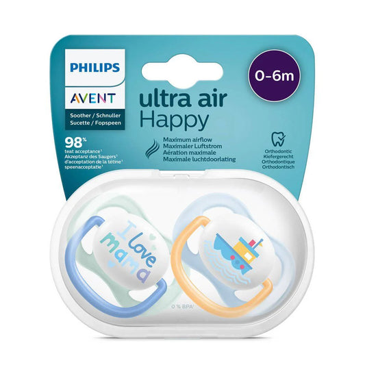 Baby pacifier set for 0–6 months with 'I Love Mama' and boat designs; blue/orange.