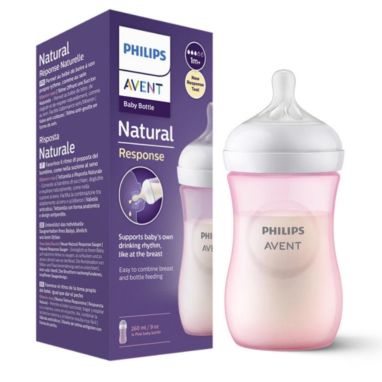 Pink Philips Avent Natural Response baby bottle, 260ml, with teat and cap