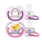 Set of two infant pacifiers with animal prints, purple and pink handles