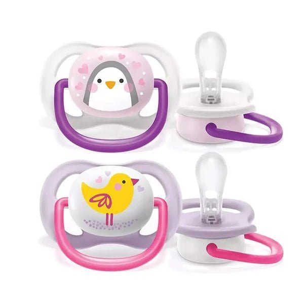 Set of two infant pacifiers with animal prints, purple and pink handles