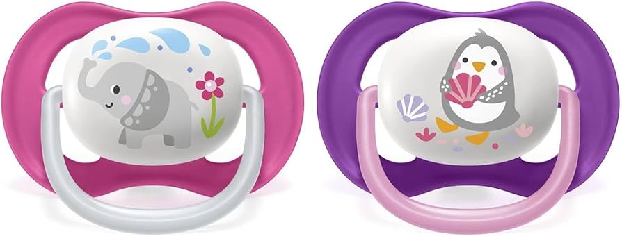 Two orthodontic pacifiers with elephant and penguin animal designs, twin pack