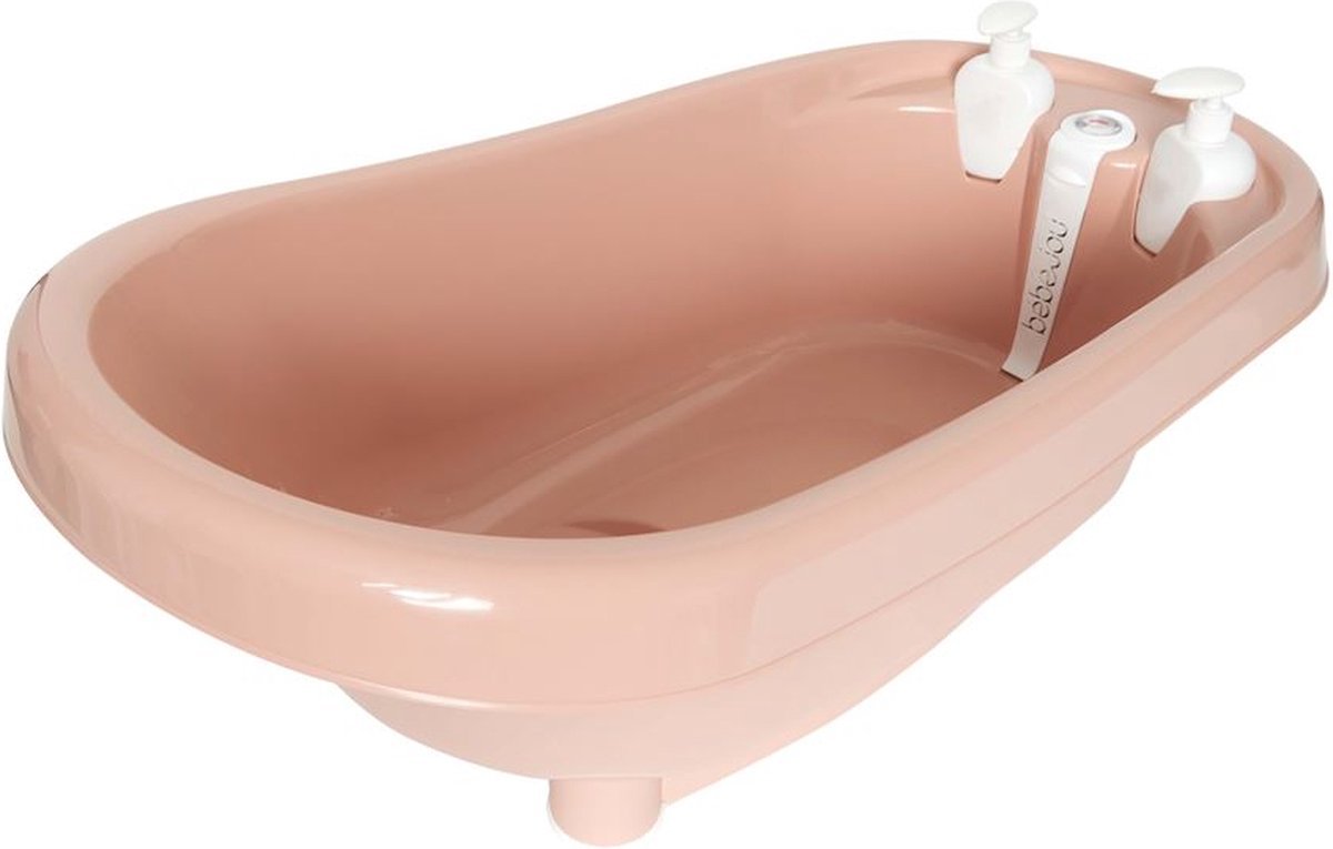 Pale pink baby bath tub with drainage plug and raised backrest