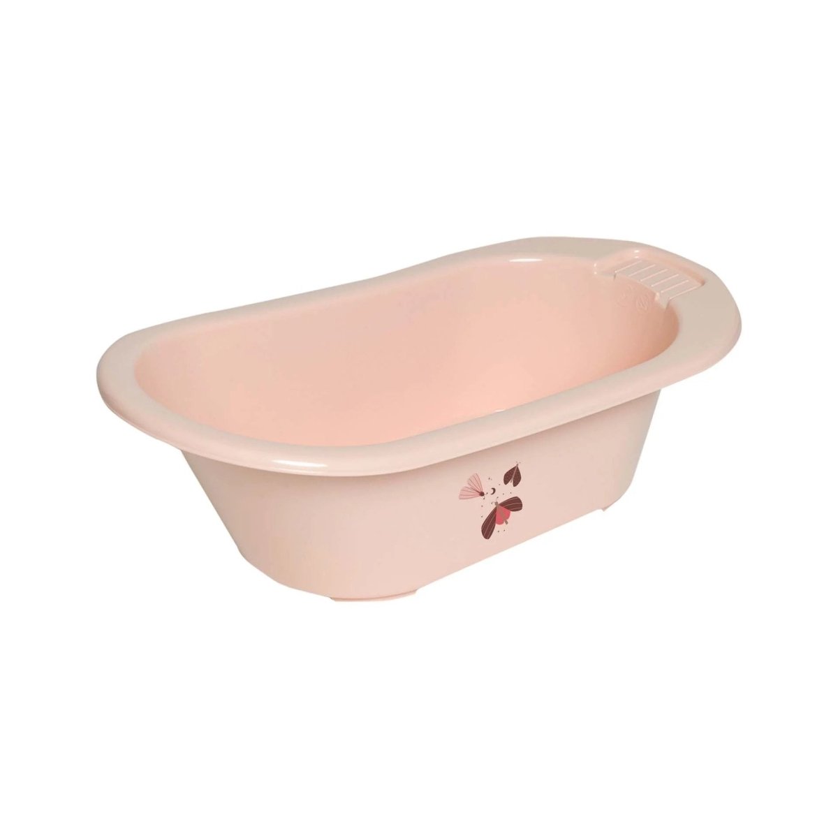Light pink baby bathtub with butterfly graphic, contoured handle and side opening