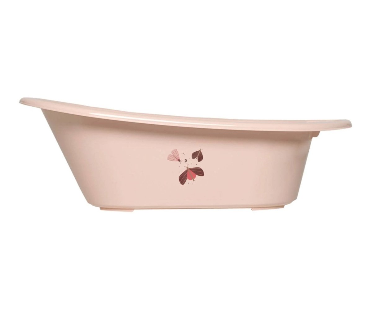 Light pink baby bathtub with butterfly graphic and wide rim