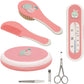 Blush baby grooming kit with round brush, flat comb, thermometer, scissors, nail file