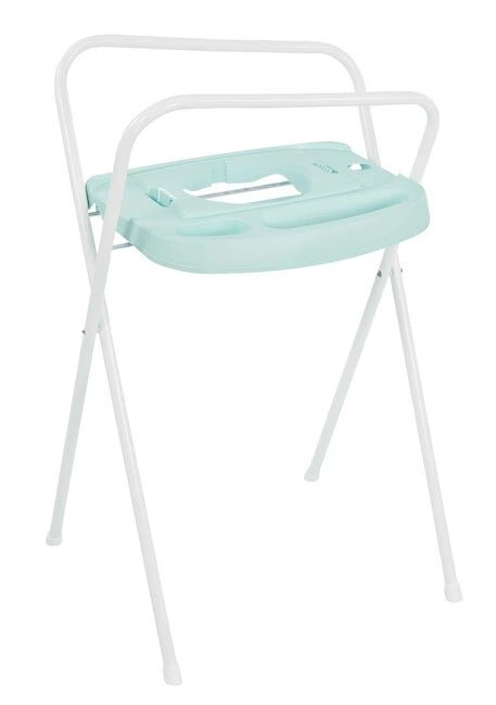 Mint bathtub support with towel rail, white metal stand and light blue tray