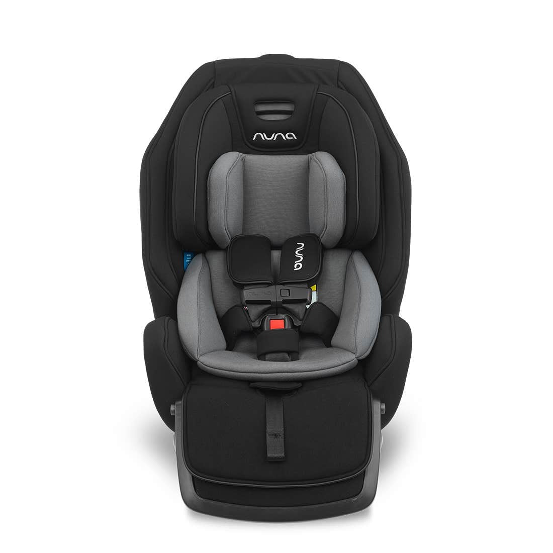 Black car seat with gray interior padding, built-in harness and Nuna headrest badge