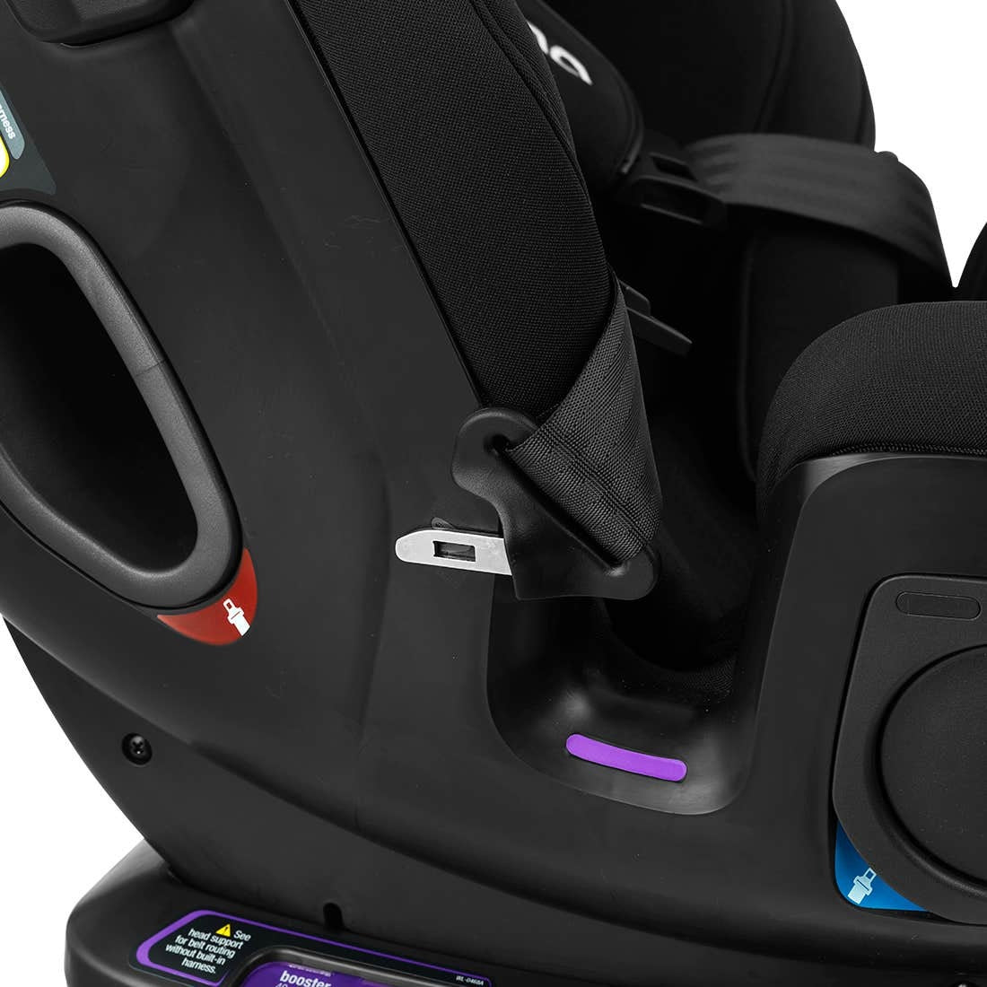 Black convertible car seat with harness buckle and latch close-up