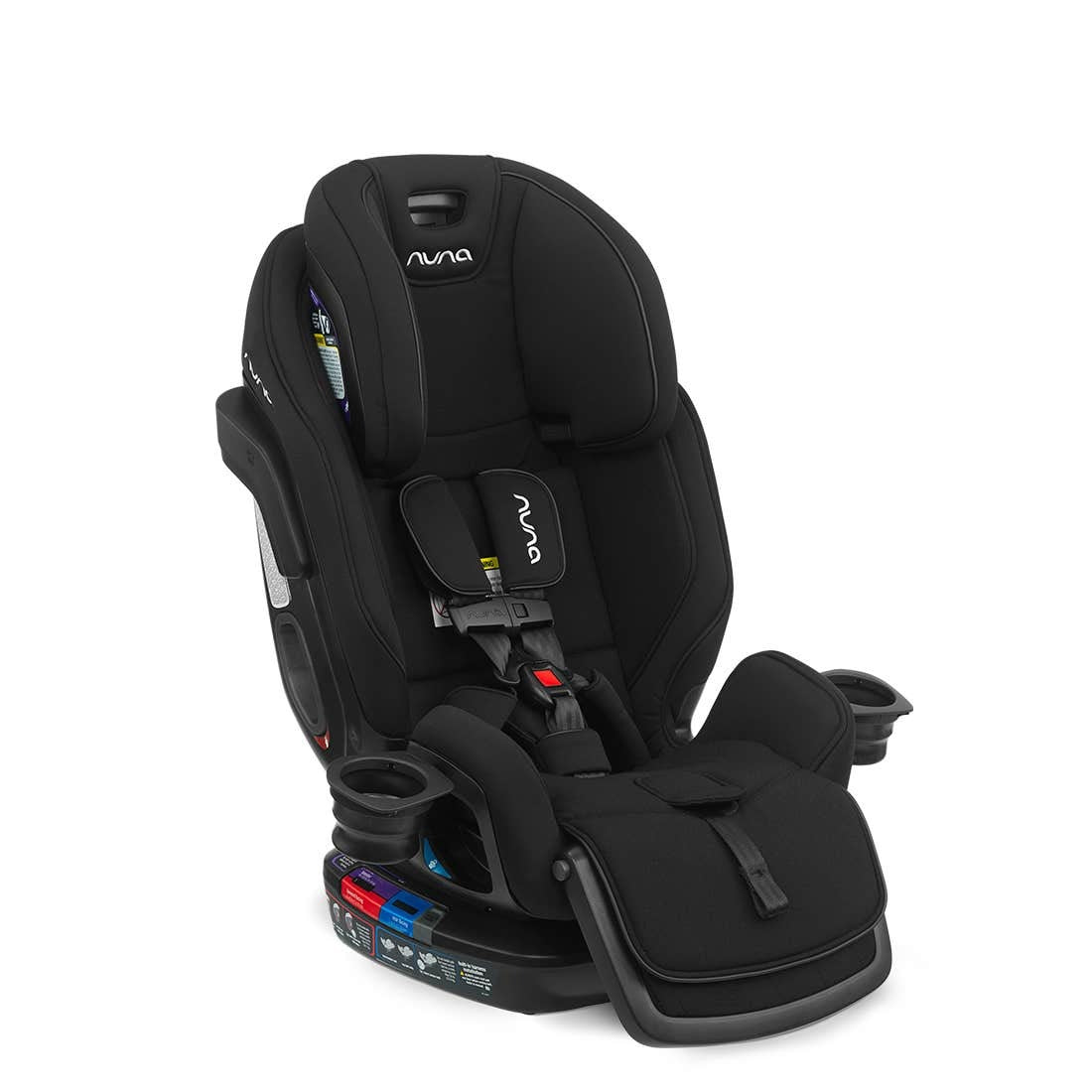 Black convertible car seat with gray headrest insert, padded harness and Nuna logo