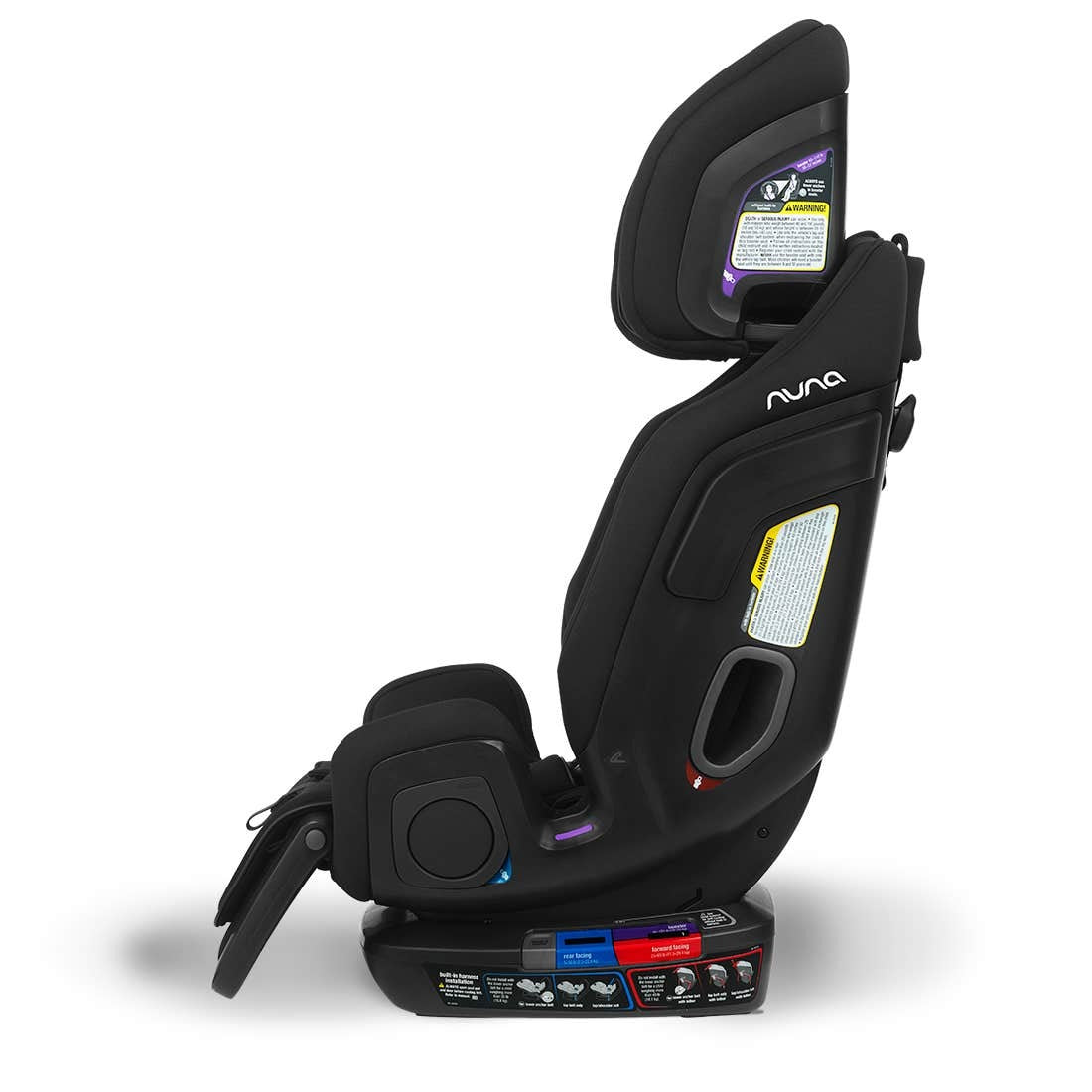 Black convertible car seat with side headrest and instruction panel, Nuna logo