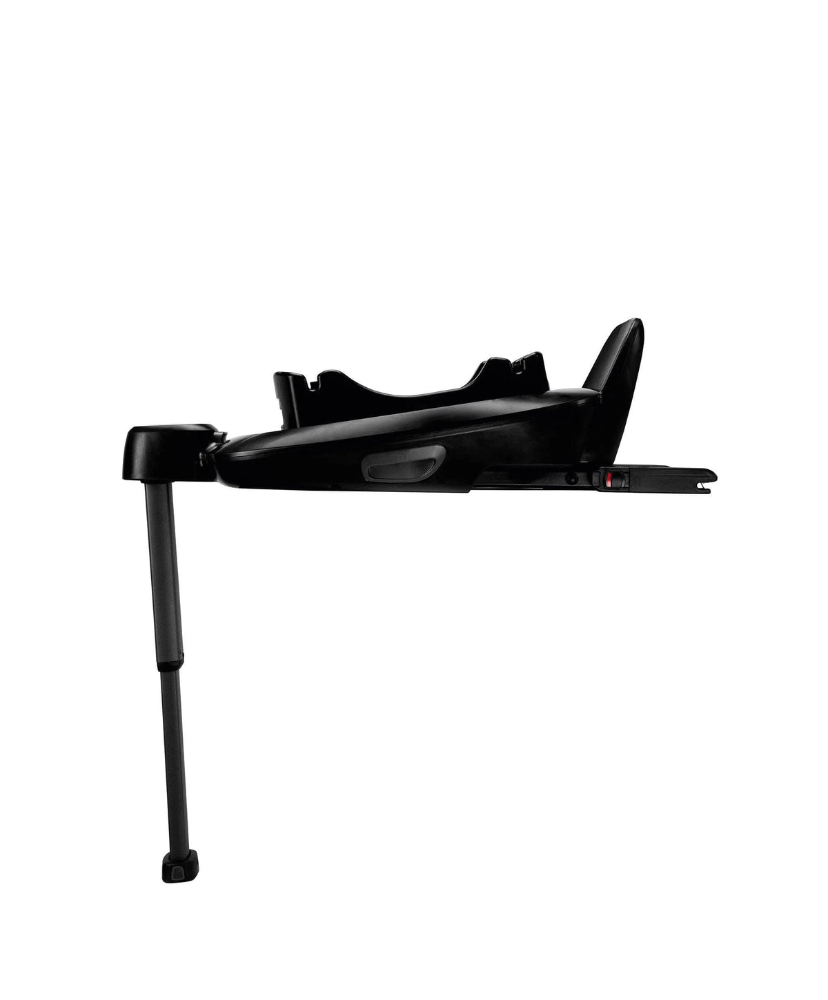 Black rotating car seat base side view with locking bar and support legs