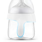 Trainer cup with clear body, white lid, blue rim and soft vented nipple