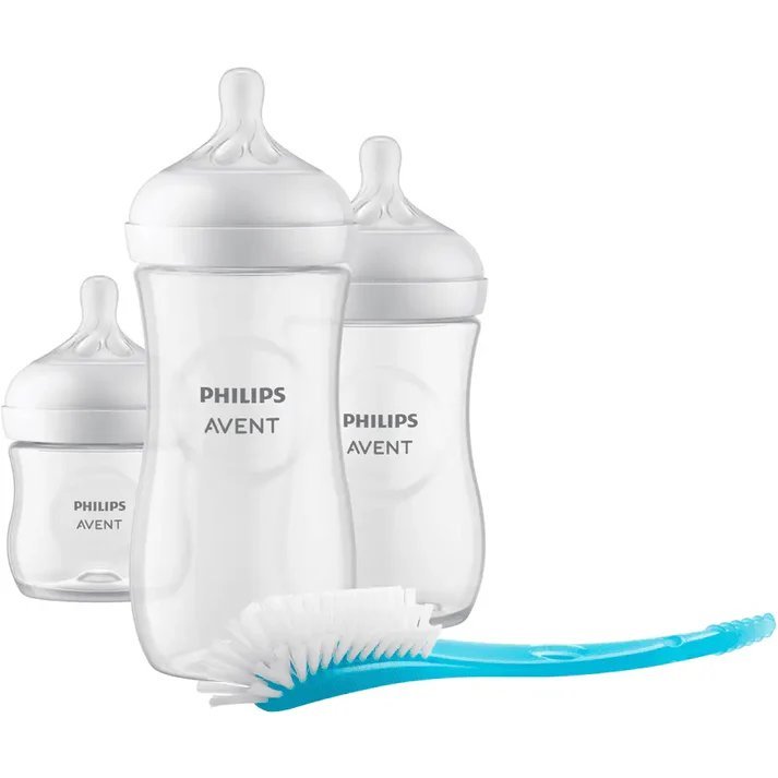 Philips Avent Natural Response baby bottles with bottle brush, three white bottles