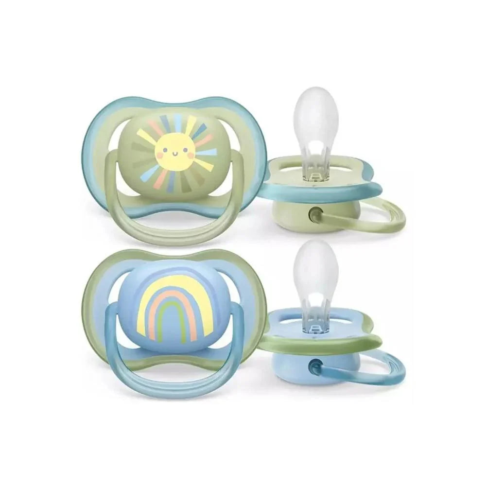 Ultra Air newborn pacifiers with clips, 0-6 months, blue and mint, two-pack