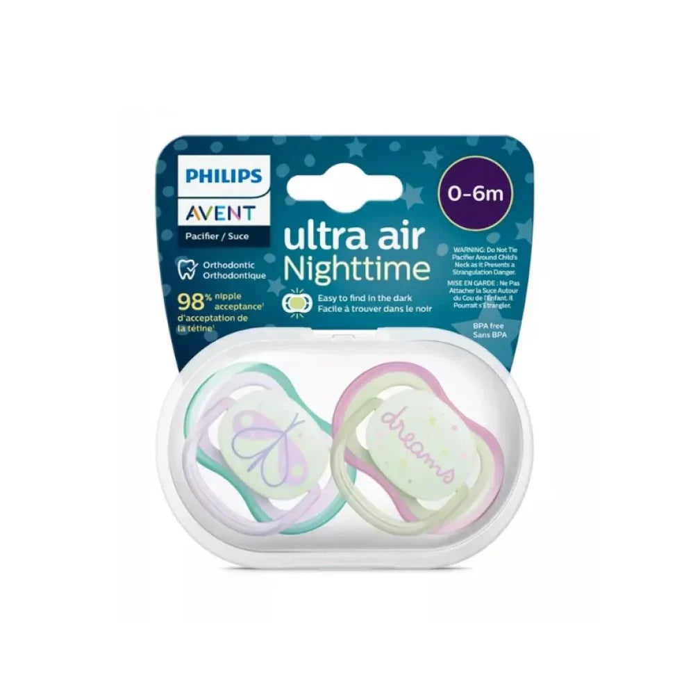 Philips Ultra Air Nighttime soother pack for ages 0–6, two pastel pacifiers