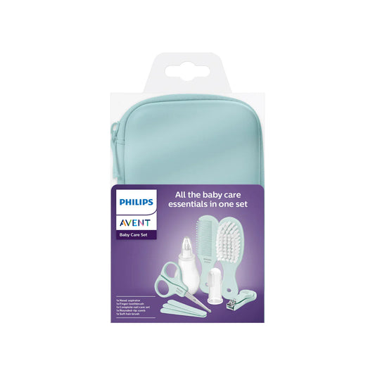 Baby care set blister pack with teal case and Philips Avent tools, white and purple