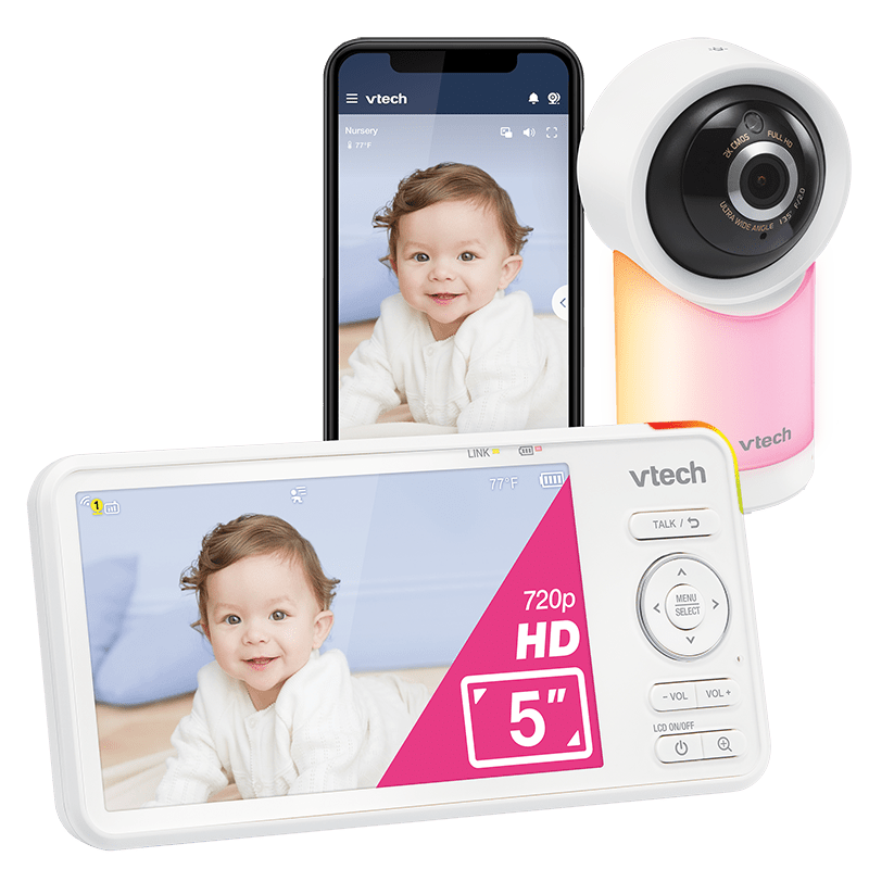 White pan-tilt camera with black lens and 5-inch monitor plus smartphone display