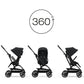 Black stroller with 360° view icon, showing recline and canopy angles
