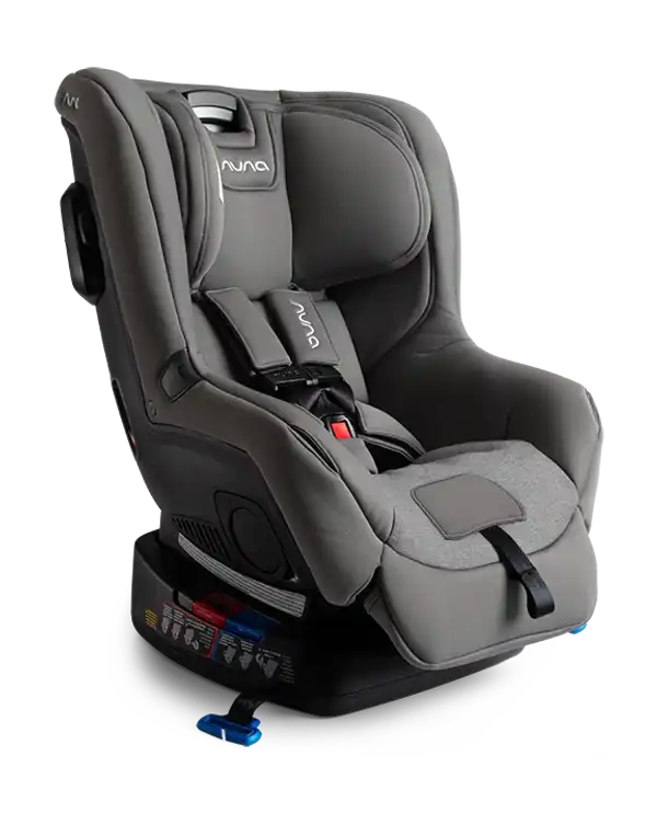 Gray Nuna car seat with reclined seat, cup holder, and adjustable headrest