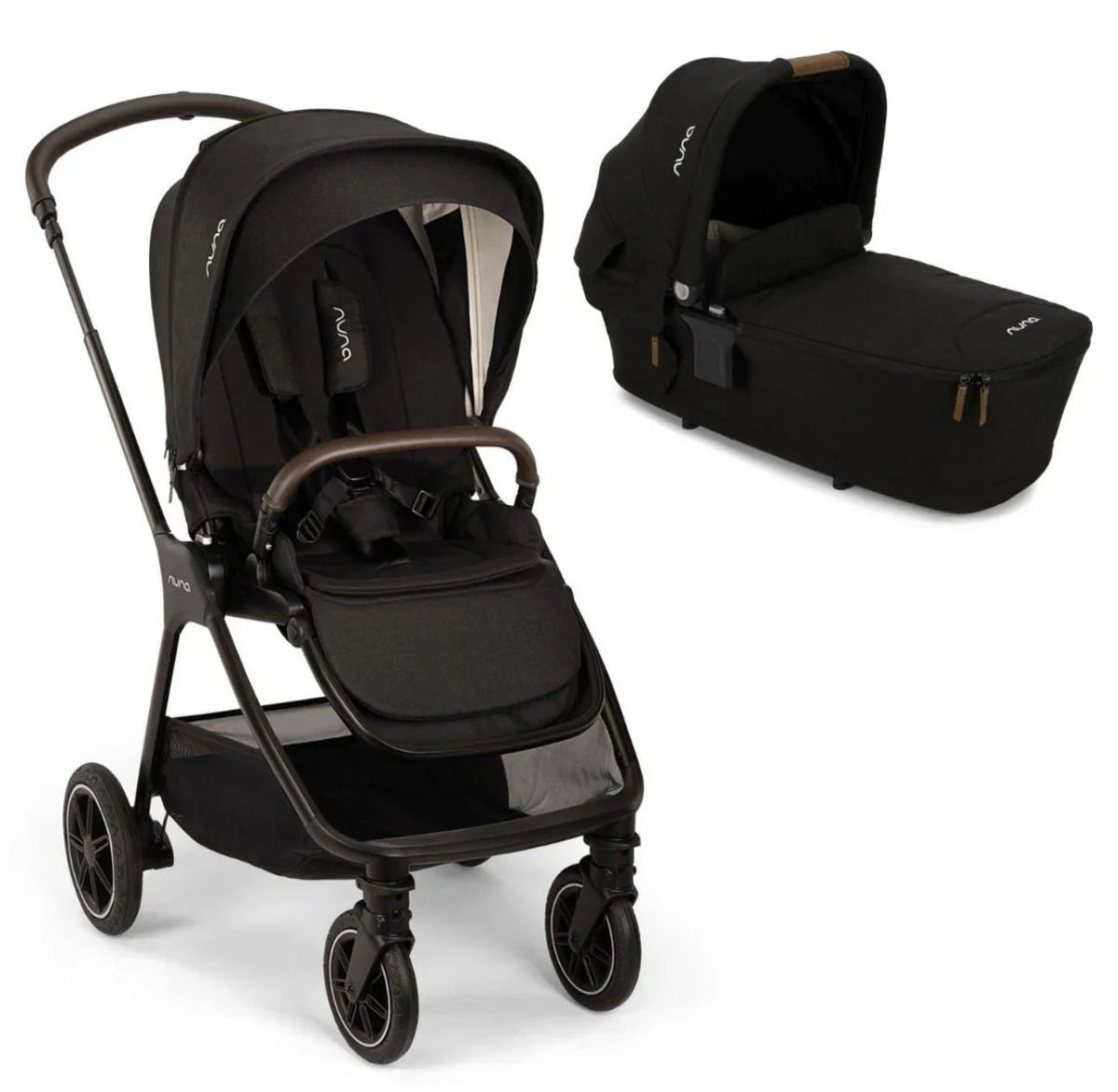 Black fabric stroller carry cot with curved hood and integrated carry handle