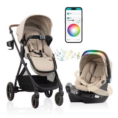 Stroller with beige seat and matching infant car seat, set shown together.